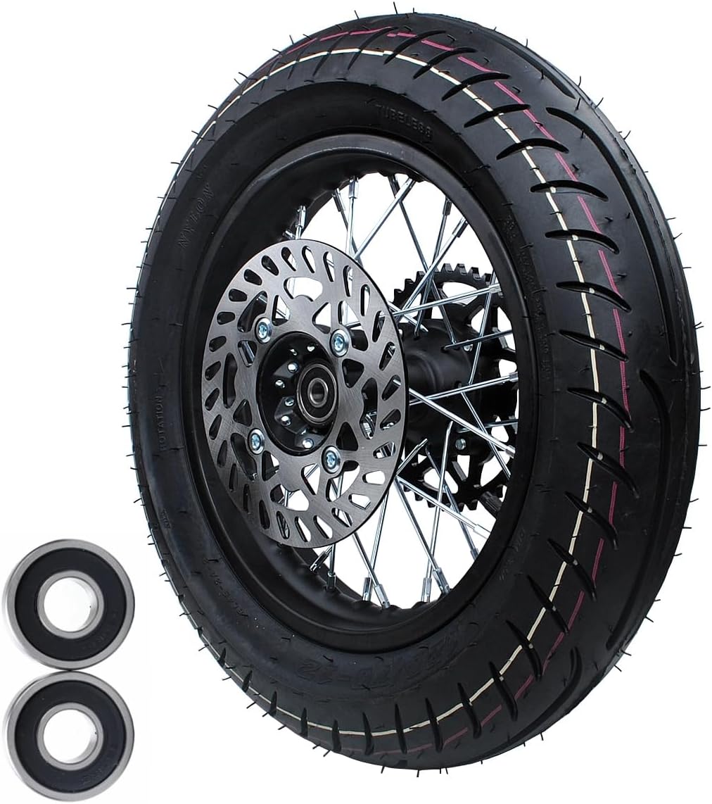 Paved road tires 12 inch 120/70-12 Tire Tube Complete rear wheel replace 80/100-12 Apollo SSR 50cc 125cc XR CRF Dirt Pit Bike 12-15mm Axle With Brake Rotor and 428 41T Sprocket TTR SSR BBR