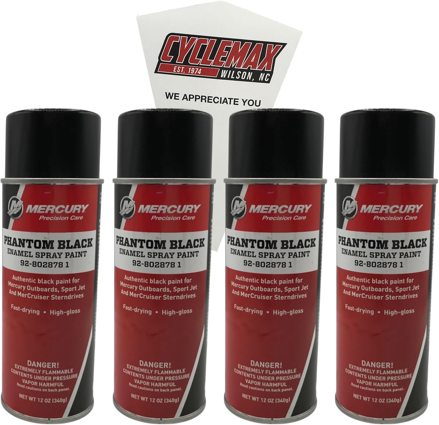 Four Pack compatible with Mercury Phantom Black Spray Paint 12 OZ 92-8028781 Contains Four Phantom Black Spray Paint 12 OZ and a Funnel