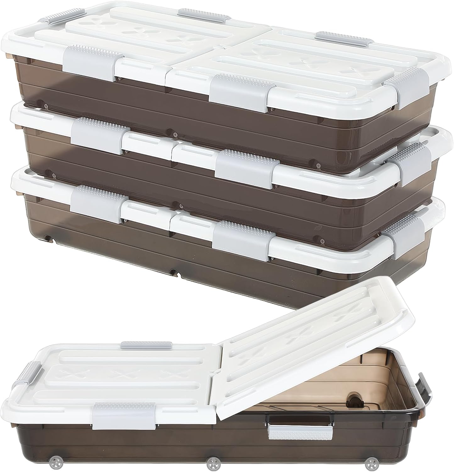 4 Pcs Plastic Under Bed Storage Containers with Double Opening Lids Wheel Handle, Transparent Large Capacity Stackable Latching Storage Bins for Closet Bedroom, 31.5 x 15.8 x 5.2 Inch(White)