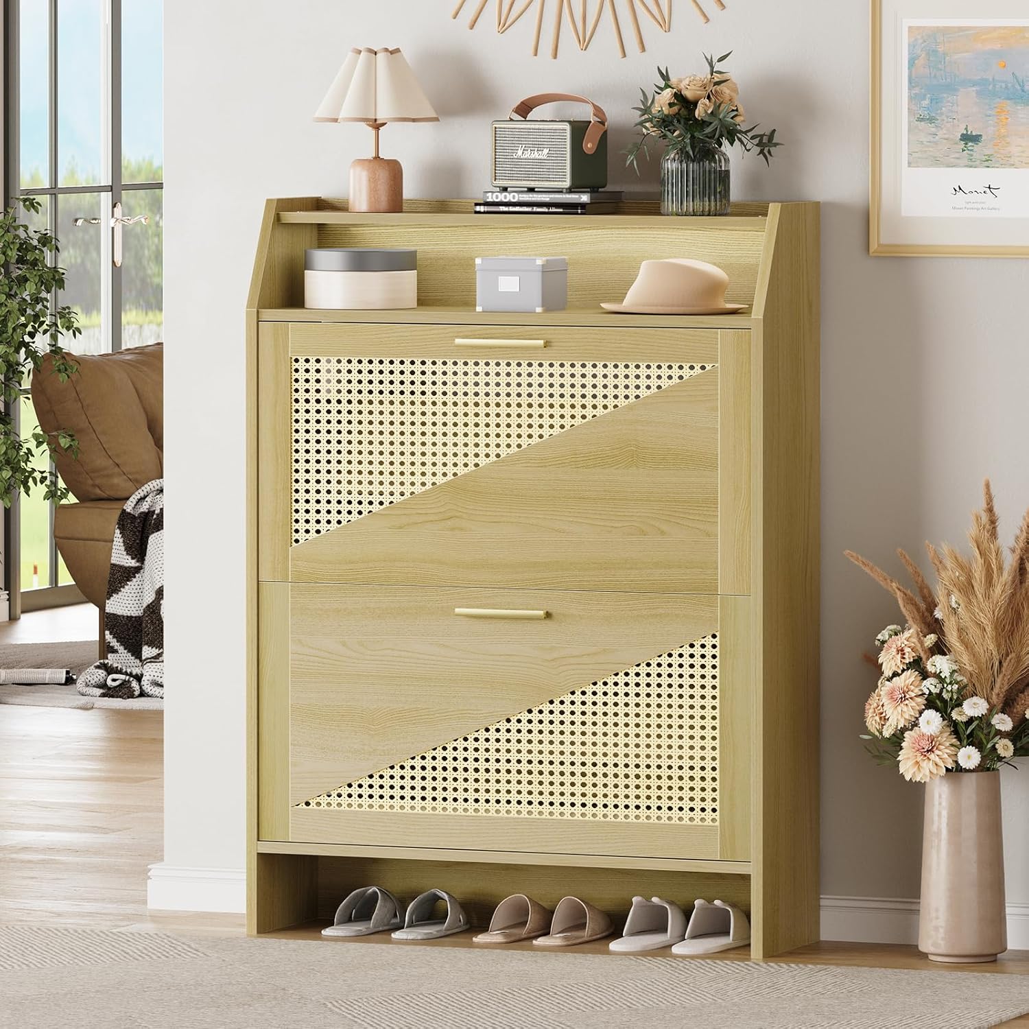 Rattan Shoe Storage Cabinet with 2 Flip Drawers, Wooden Shoe Cabinet with Adjustable Shelf, Narrow Shoe Rack Organizer Cabinet for Entryway, Hallway, Living Room (Wood)