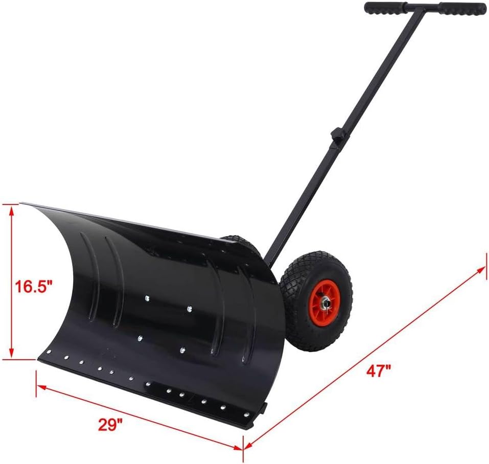 29-Inch Snow Pusher Shovel with Wheels, Heavy Duty Snow Removal Tool for Driveways and Sidewalks, Adjustable Angled Blade and Cushioned Handle for Ergonomic Snow Clearing,Black