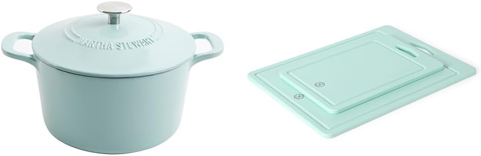 MARTHA STEWART Gatwick 7 QT Enamel Cast Iron Dutch Oven, Martha Blue & BPA Free Plastic Cutting Board (16