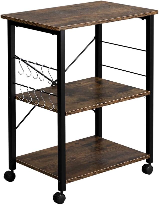 Henf 3-Tier Microwave Oven Stand with Wheels, Kitchen Utility Cart Rolling Baker’s Rack Workstation Shelf with 10 Hooks for Kitchen Living Room, Rustic Brown