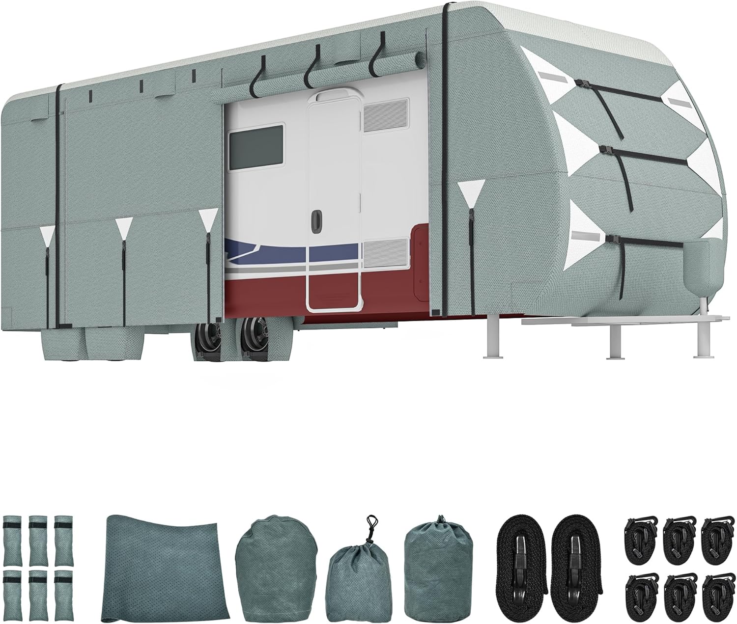 DWVO 18-40FT Travel Trailer Cover RV Cover Camper Cover Super Thick Waterproof Windproof Anti-UV Rip-Stop Motorhome Covers with 2 Long Straps 4 Tire Covers Tongue Jack Cover