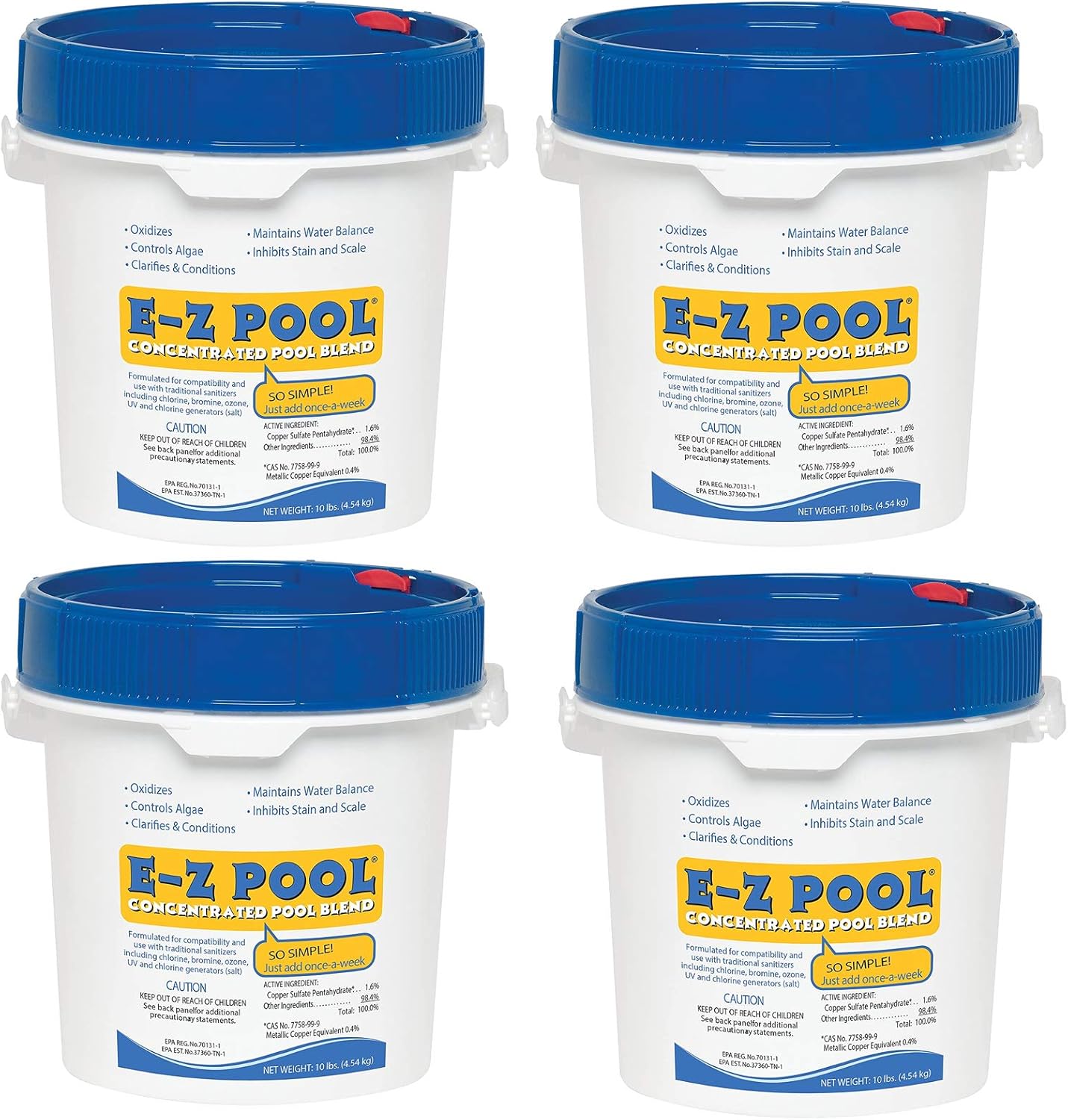 E-Z Pool Weekly All in 1 Concentrated Outdoor Swimming Pool Care Solution Blend with Copper Sulfate Oxygen Enriching Formula, 10 Pound Bucket (4 Pack)