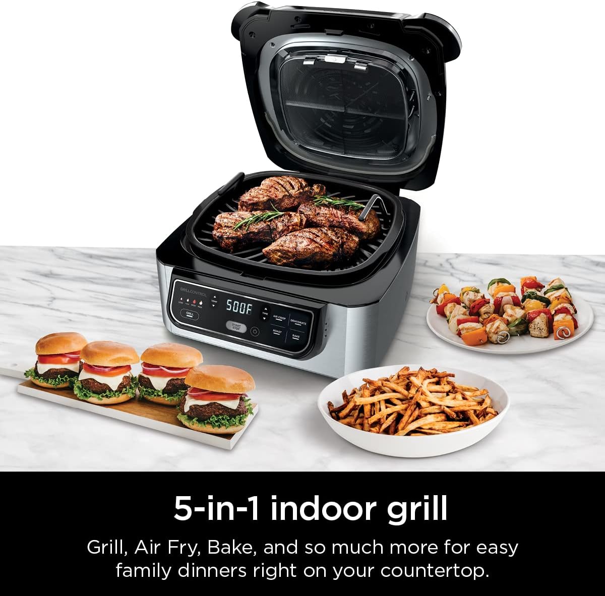 Ninja | Indoor Grill | Foodi | 5-in-1 (Grill, Air Fry, Roast, Bake, and Dehydrate | Fits up to 3lb Roast | Smoke Control System and Dishwasher Safe Parts| Black/Grey | AG301