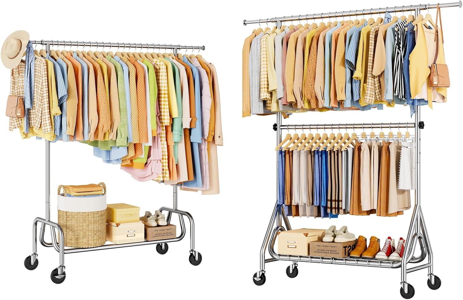 Heavy Duty Clothes Rack, Metal Clothing Rack for Hainging Clothes, Single Rod +Double Rod