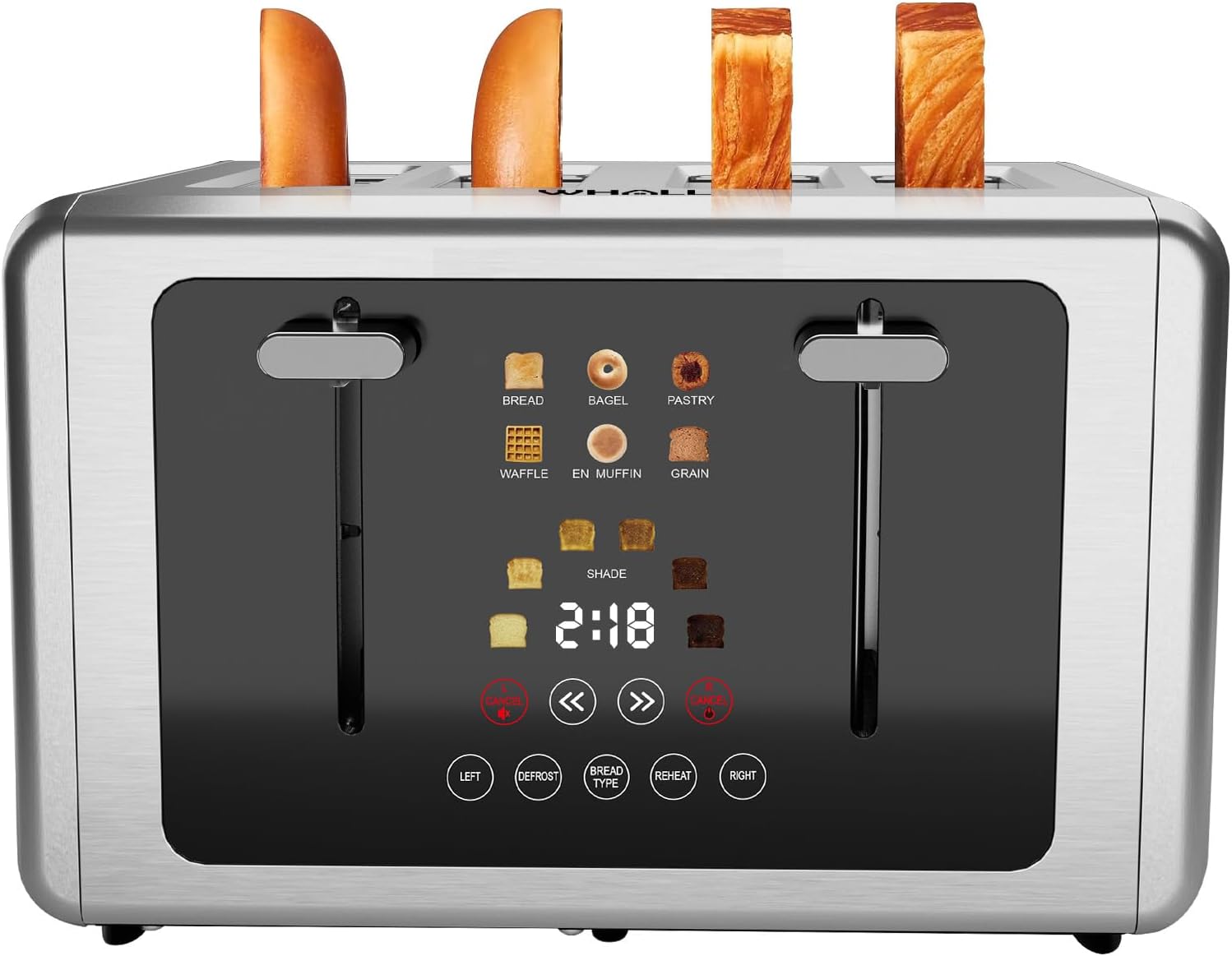 whall 4 Slice Touch Screen Toaster, Stainless Steel Toasters Digital Timer, Dual Control Panel Toasters，6 Shade Settings＆6 Bread Types, Smart Wide Slots, Bagel, Cancel, Defrost,Silver