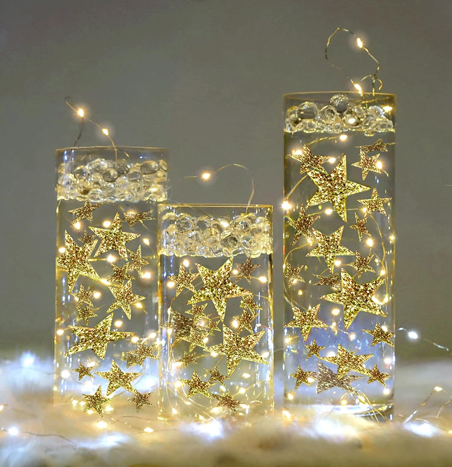 200 Floating Glitter Gold Stars-Large Sizes-Fills 4 Gallons of The Floating Transparent Gels for Vases-with Measured Gels Prep Bags-12 Warm White Submersible Fairy Lights