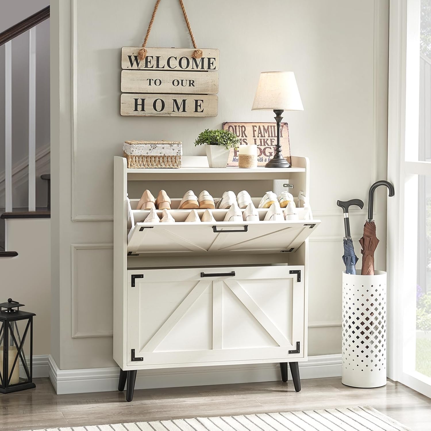 Shoe Storage Cabinet with 2 Flip Drawers, Farmhouse Hidden Shoe Organizer, Narrow Slim Shoe Rack Cabinet for Entryway Hallway,Washed Gray