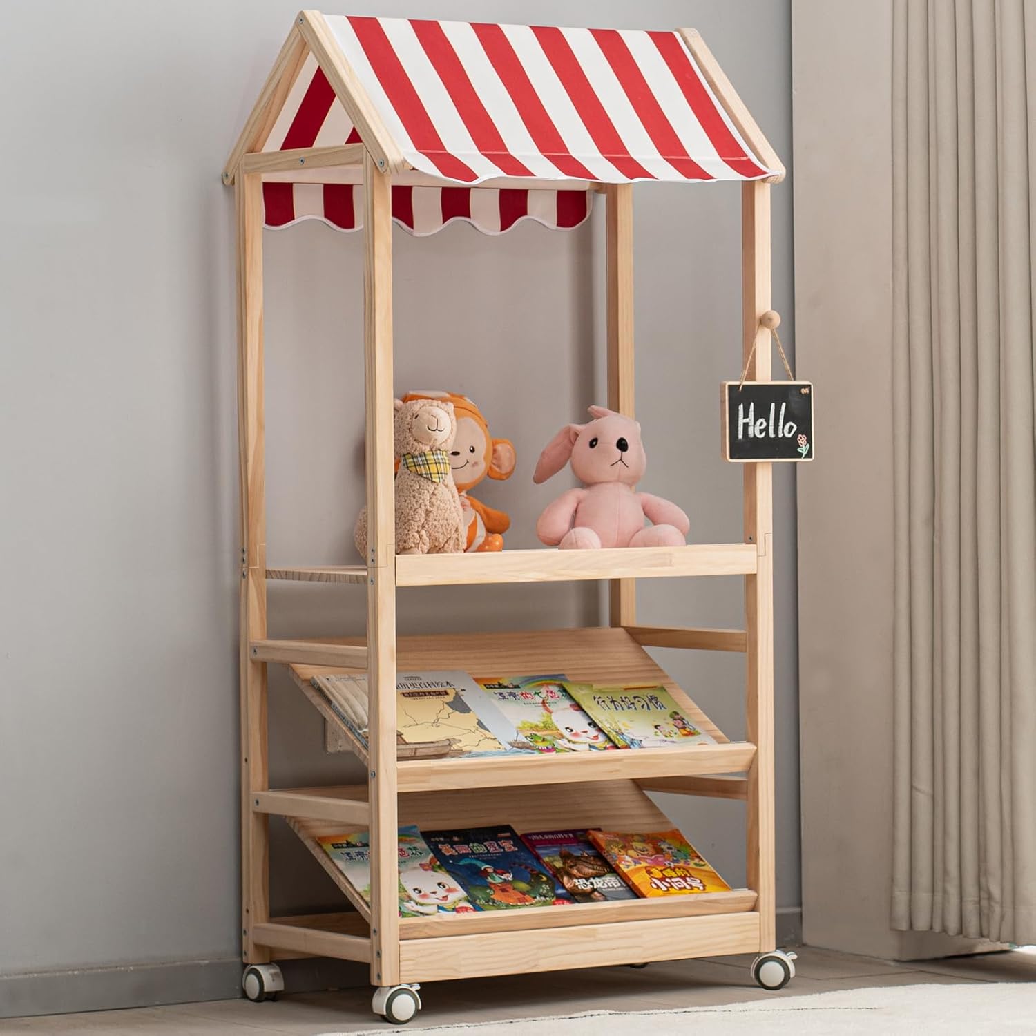 3 Tier Wood Storage Rack with Lockable Casters for Easy Movement for Living Room Bed Room Wooden Storage Shelf Bookshelf Coat Rack for Books Toys Clothes, a Rod (Red & White roof)