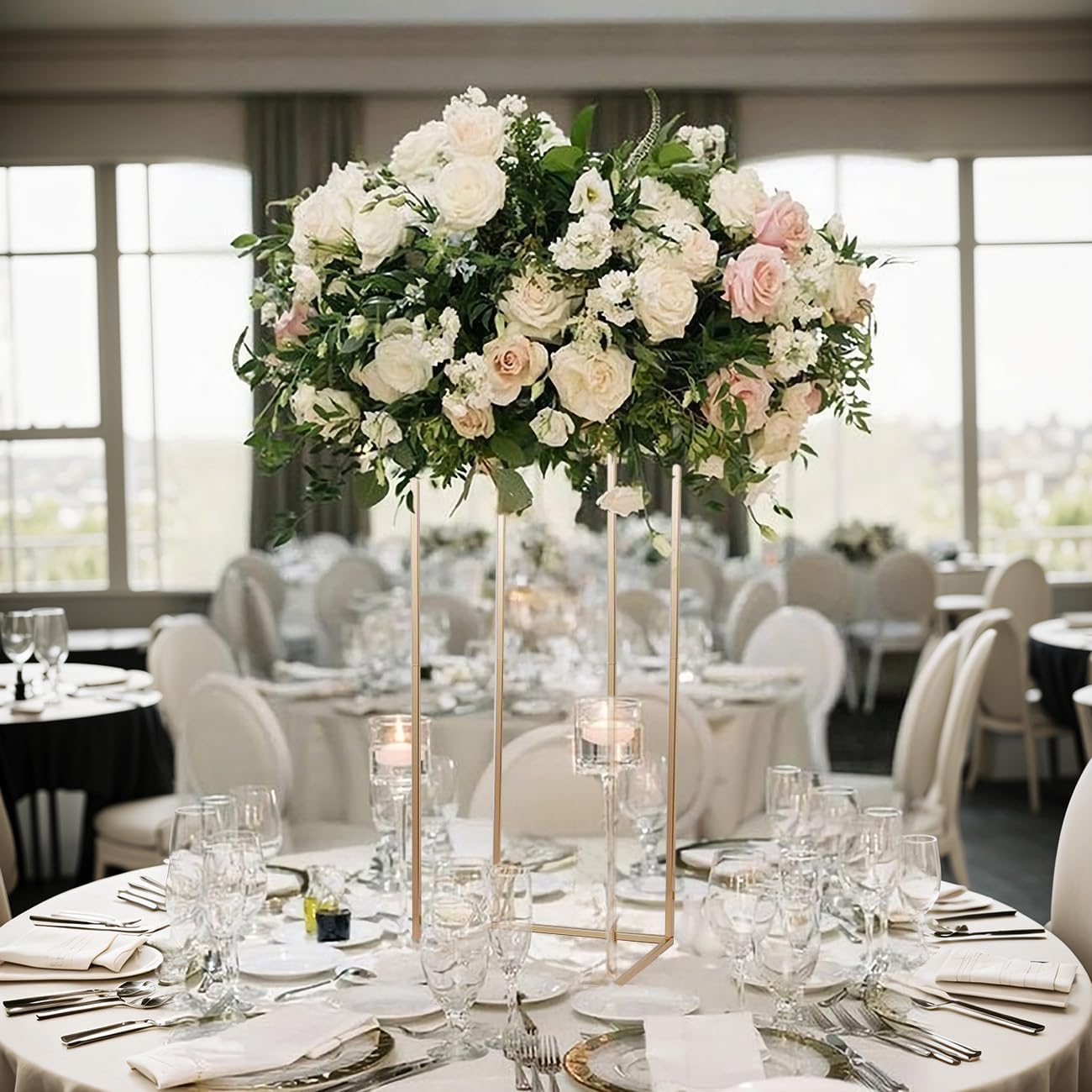 31.5Inch Gold Flower Stand Centerpieces for Wedding,Metal Column Geometric Flower Stand Tall Floor Vase for Table Decorations Event Home Party( 5pcs)