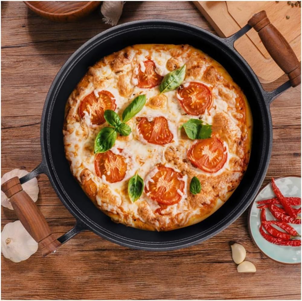 12 Inch Traditional Hand Hammered Cast Iron Wok, Chef's Pot with Cover and Wooden Shovel-30Cm-One Color-32cm