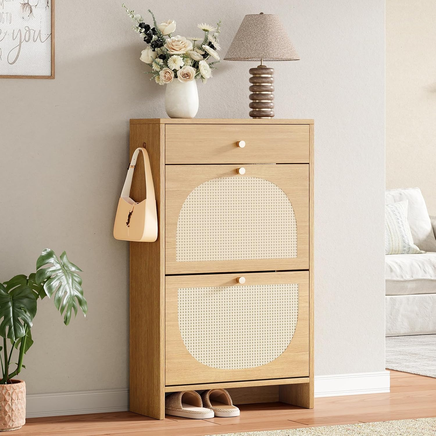 Nicetree Shoe Storage Organizer with 2 Flip Drawers and 1 Drawer, Freestanding Fluted Accent Narrow Shoe Rack, Farmhouse Shoe Cabinet with 3-Tier Adjustable Shelves for Hallway Foyer Rustic