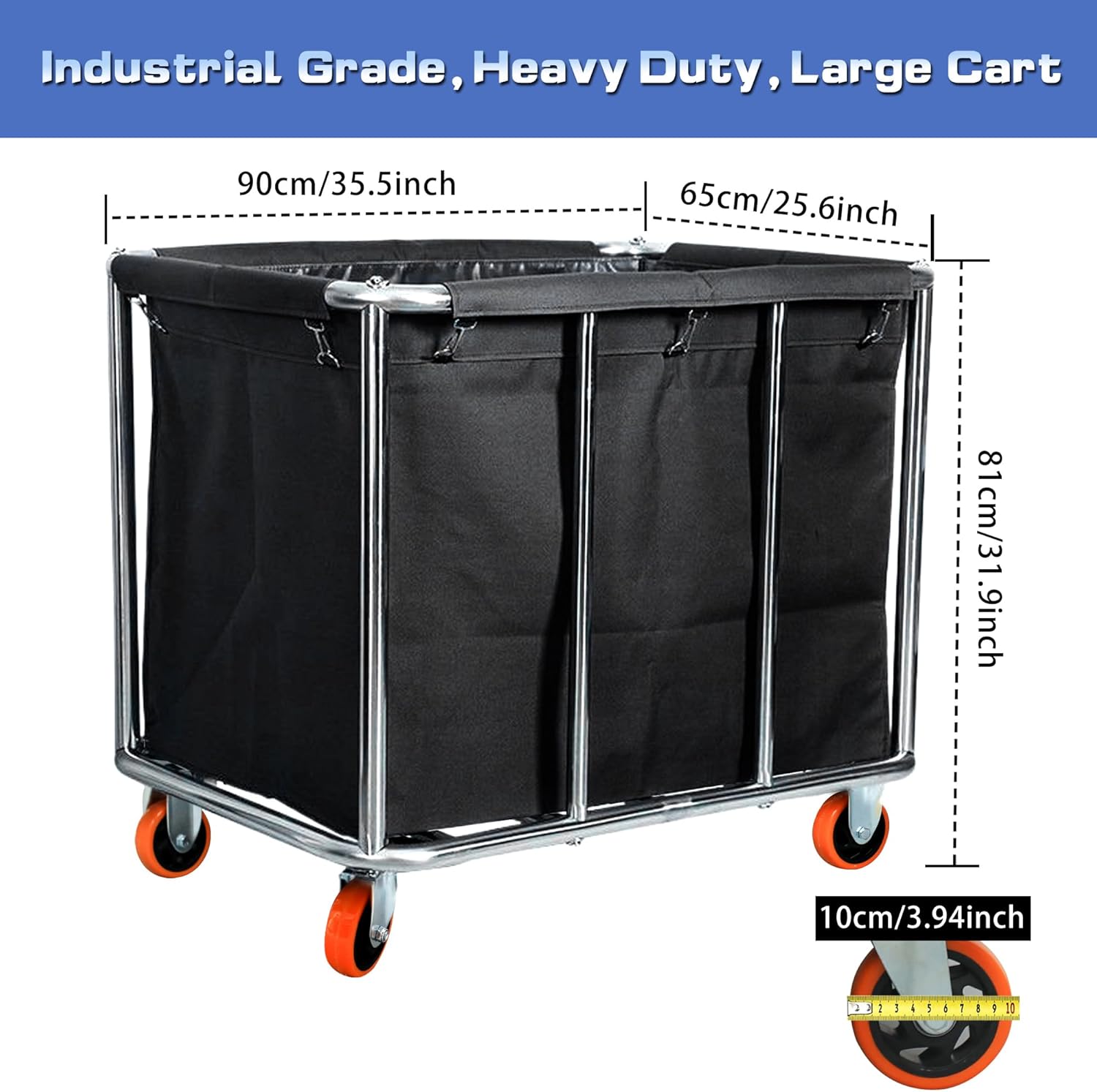 Commercial Laundry Cart with Wheels, 400L Large Capacity Heavy Duty Stainless Laundry Basket,Laundry Sorter for Clothes Storage,330 lbs Load (Black)