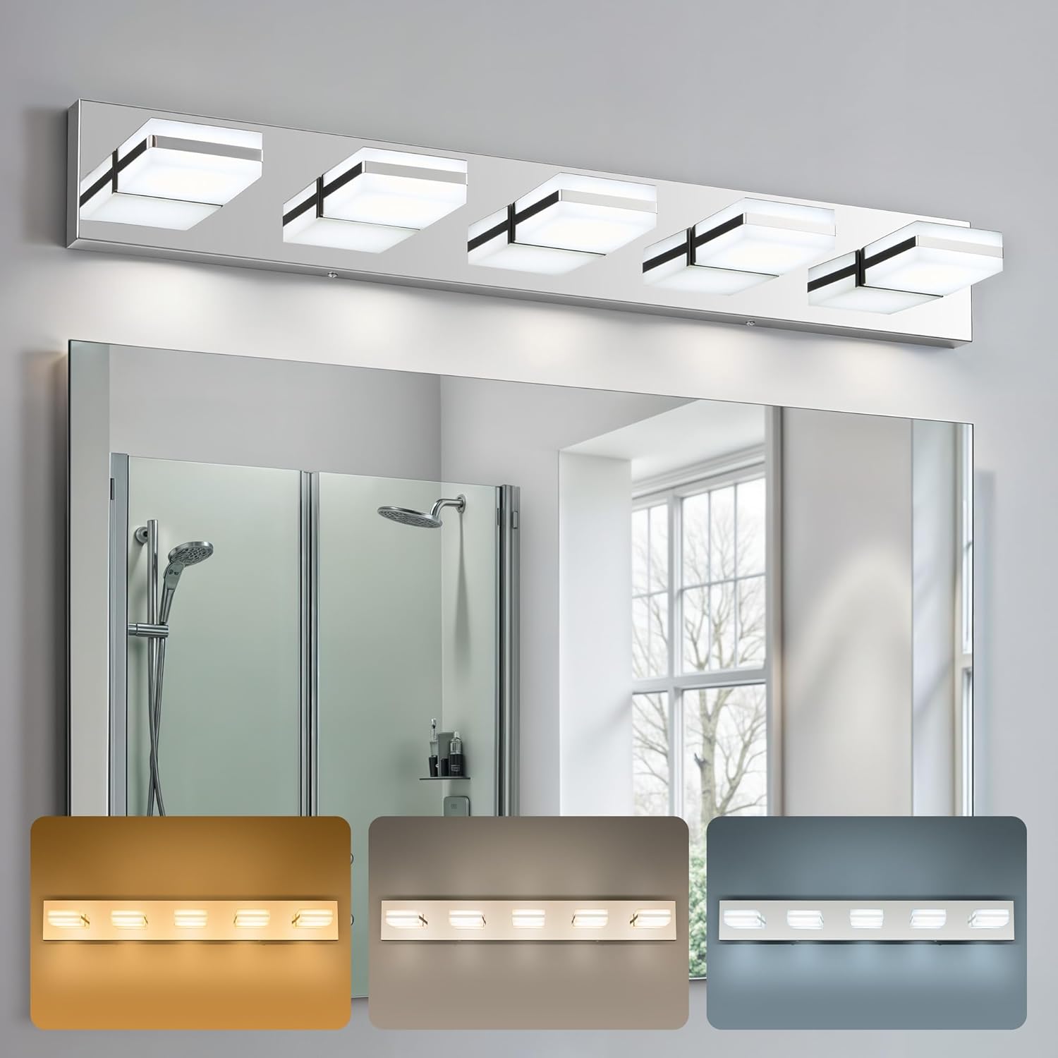 VONLUCE Bathroom Vanity Light Fixture, 5-Light Modern LED Vanity Light, 3CCT Adjustable Bathroom Lights with Memory Function Rotatable Shades, 34
