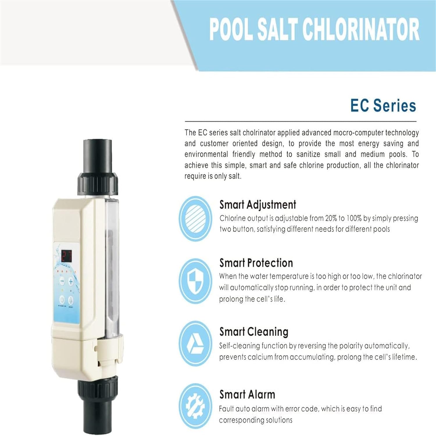 Pool Saltwater Salt Chlorine Generators Electrolysis Salt Chlorinator Device, 8/16/12/20g/h 100-240V Smart Salt Chlorinator System for Inground Pools- Built,25000gallons