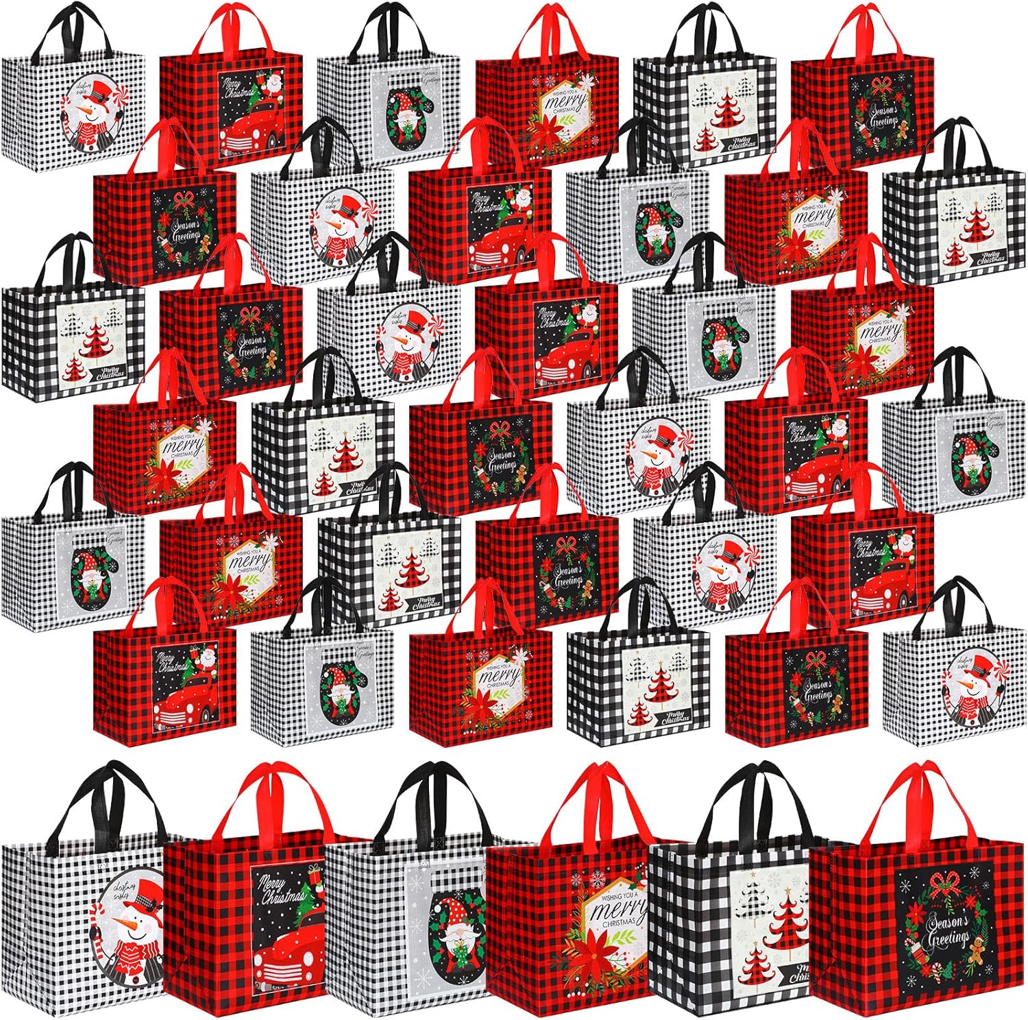 Sanwuta 180 Pcs Christmas Bags for Gifts Large Tote Treat Bags Reusable Non Woven Red White Black Buffalo Plaid Gift with Handles for Xmas Wrapping Shopping Party 12.8 x 9.8 x 6.7 in