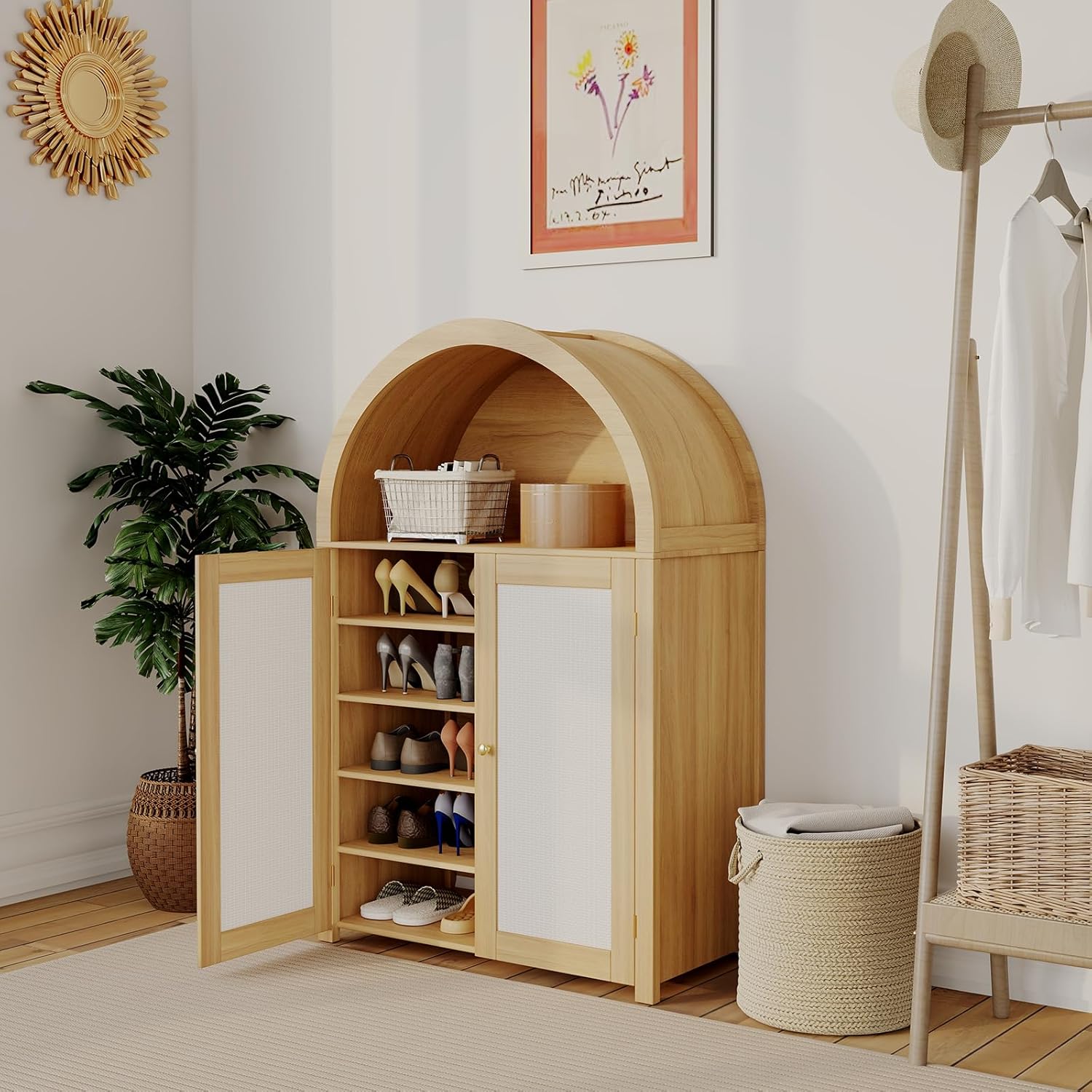 GAOMON Modern Arched Shoe Cabinet Storage for Entryway, Freestanding Wood Arched Sideboard Buffet Storage Cabinet with Rattan Doors for Living Room, Dining Room, Kitchen, Hallway