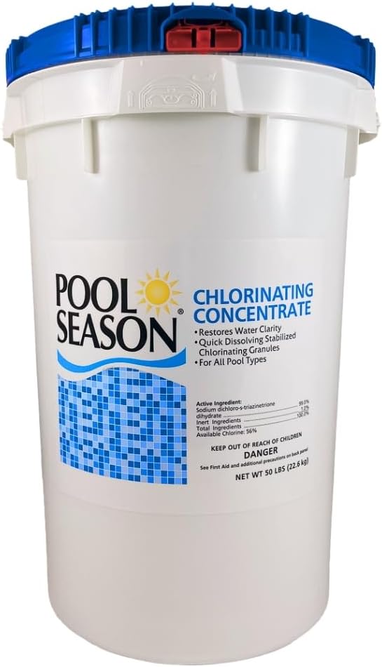 Pool Season 99% Di-Chlor Chlorinating Concentrate Shock and Sanitizer – Stabilized Granular Pool Chlorine – Kills Bacteria and Algae, Restores Clarity – Quick Dissolving – 50 lb Bucket