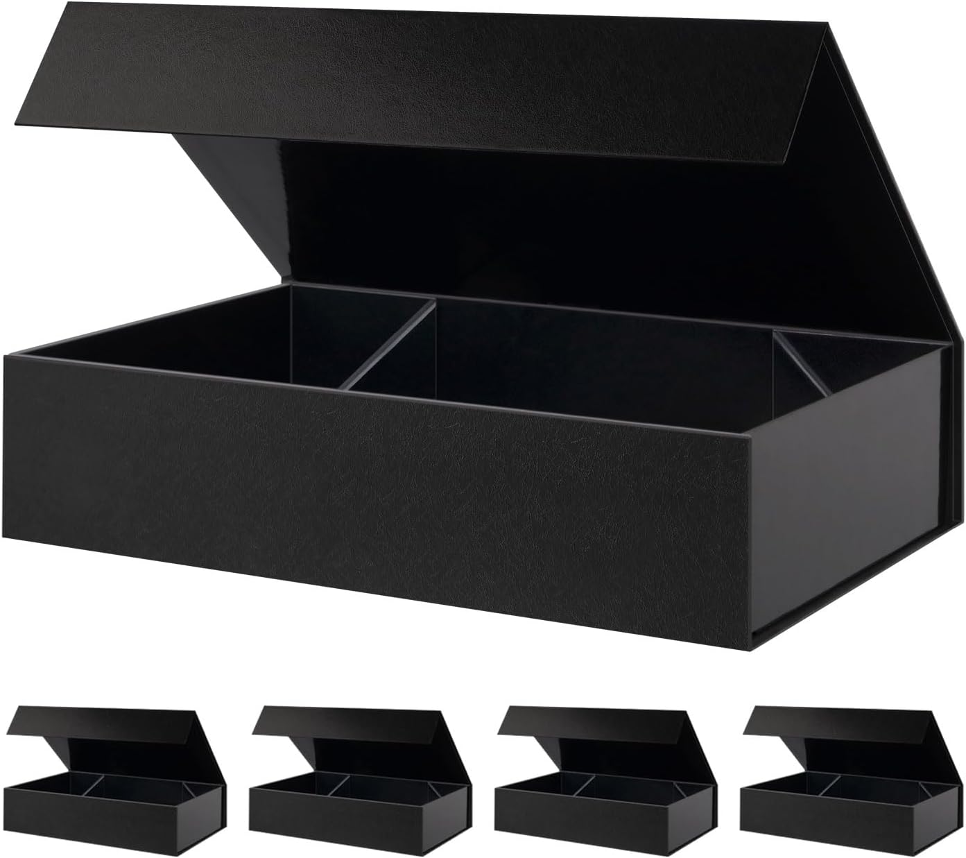 BLK&WH 5 Extra Large Gift Boxes 17x11x4 Inches, Black Gift Boxes with Magnetic Closure Lid, Sturdy Shirt Boxes, Rectangle Collapsible Boxes for Clothes (Glossy Black with Grass Texture)