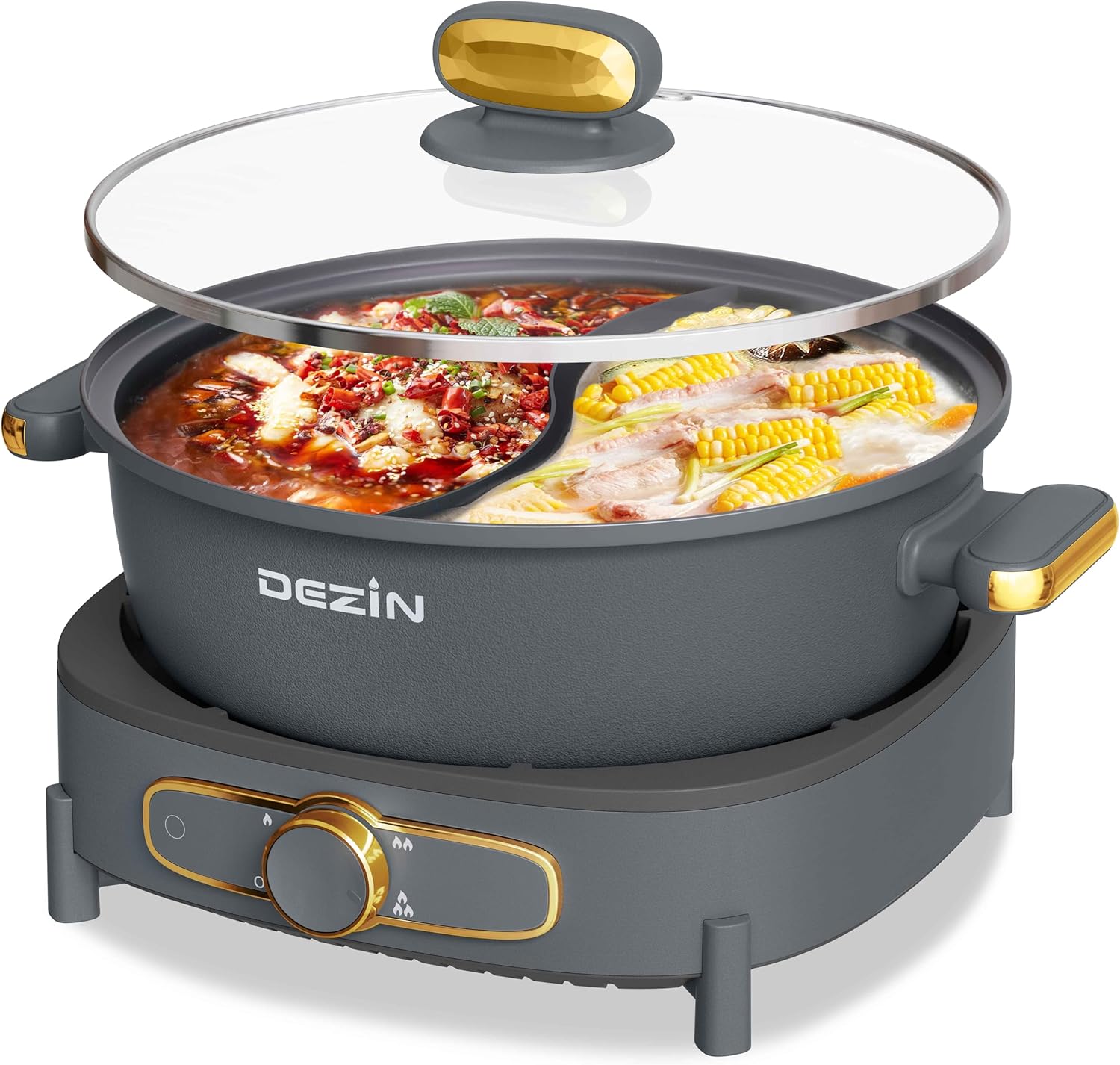 Dezin Hot Pot Electric with Divider, 6L Double-Flavor Shabu Shabu Pot, Dual Sided Removable Non-Stick Hotpot Pot Electric, 3