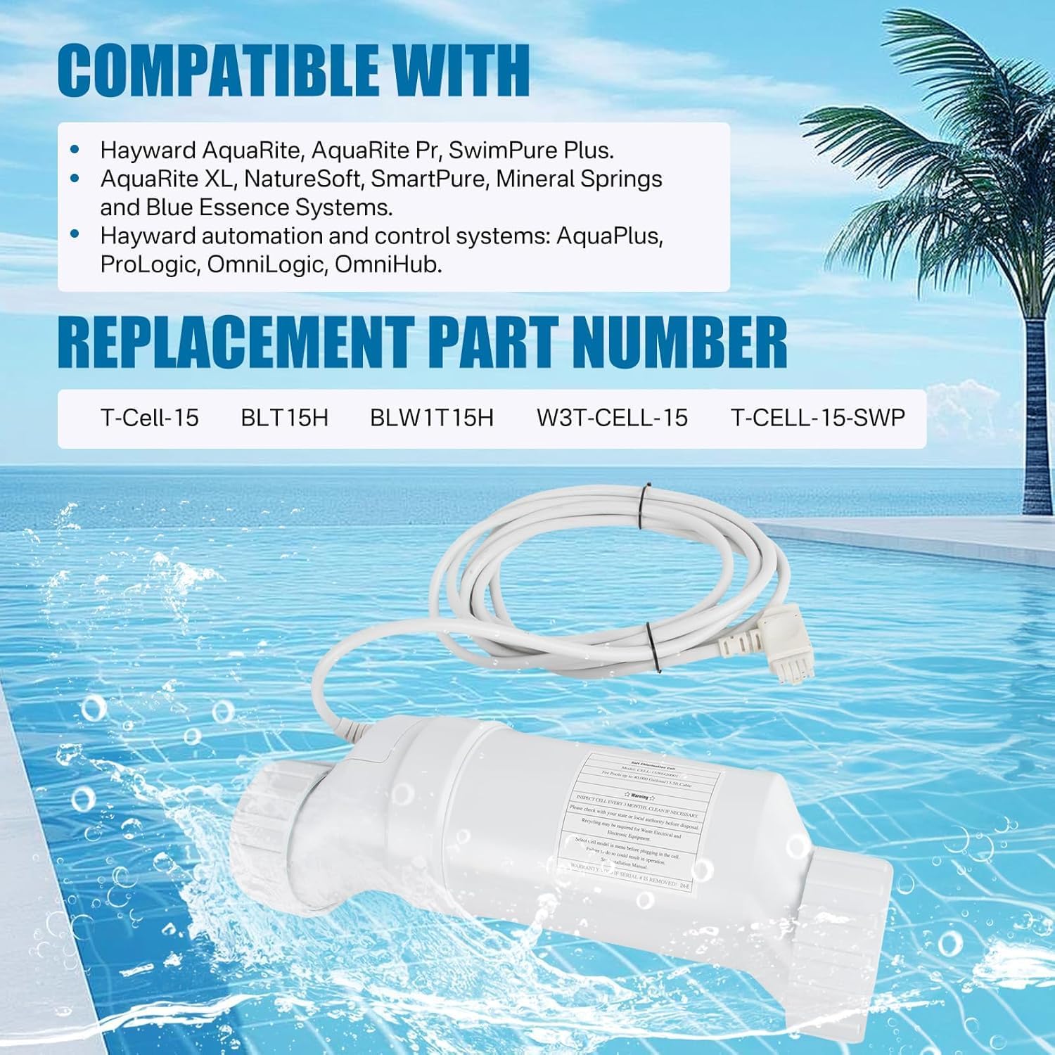 T-Cell-15 Salt Water Pool Chlorinator System 40,000 Gallons for Inground Pool Compatible with Hayward TurboCell T-15 Aquarite Omnilogic Replace Cell T-15 W3T-CELL-15 (40000Gallon（T-CELL-15）)