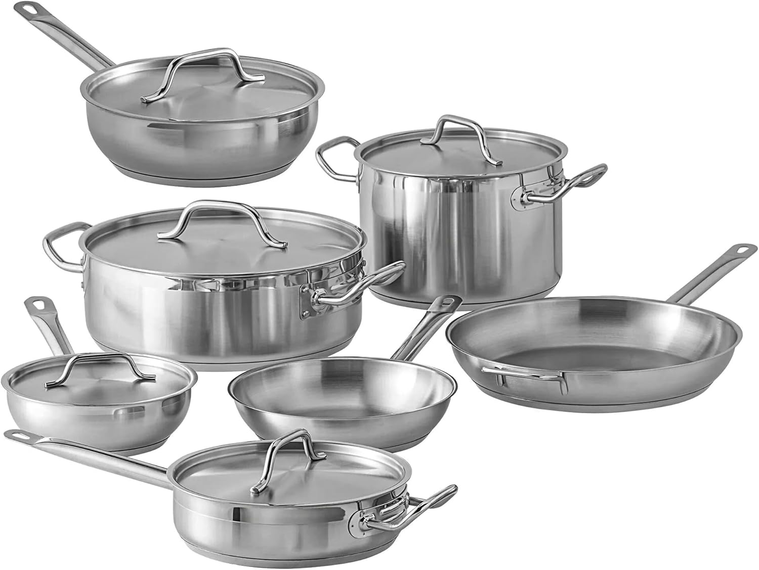 Stainless Steel Cookware Set, 2 Sauciers, 3-Quart Saute, 10-Quart Brazier, 2 Frying Skillets, 8-Quart Stockpot, Induction Cookware Set (12 Pieces)