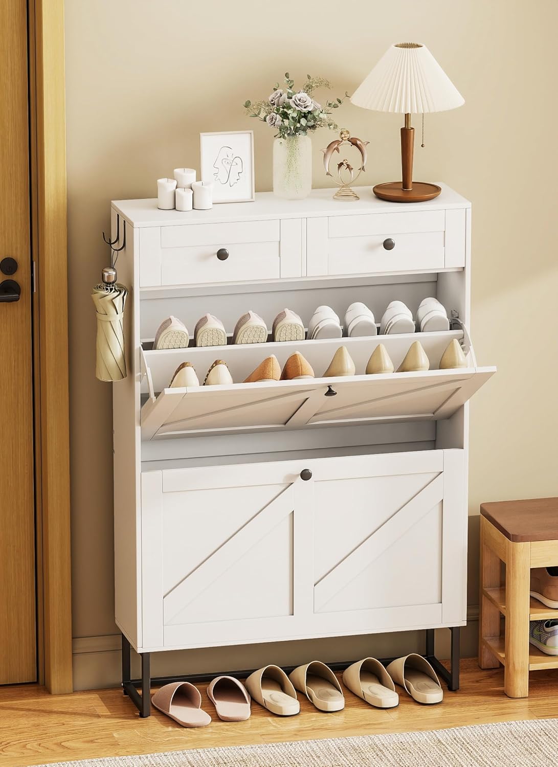 Shoe Storage Cabinet with 2 Flip Drawers & 2 Fabric Drawers, Farmhouse Hidden Shoe Organizer Cabinet with Adjustable Panel and Hooks, Narrow Slim Shoe Cabinets for Entryway, Hallway, Porch