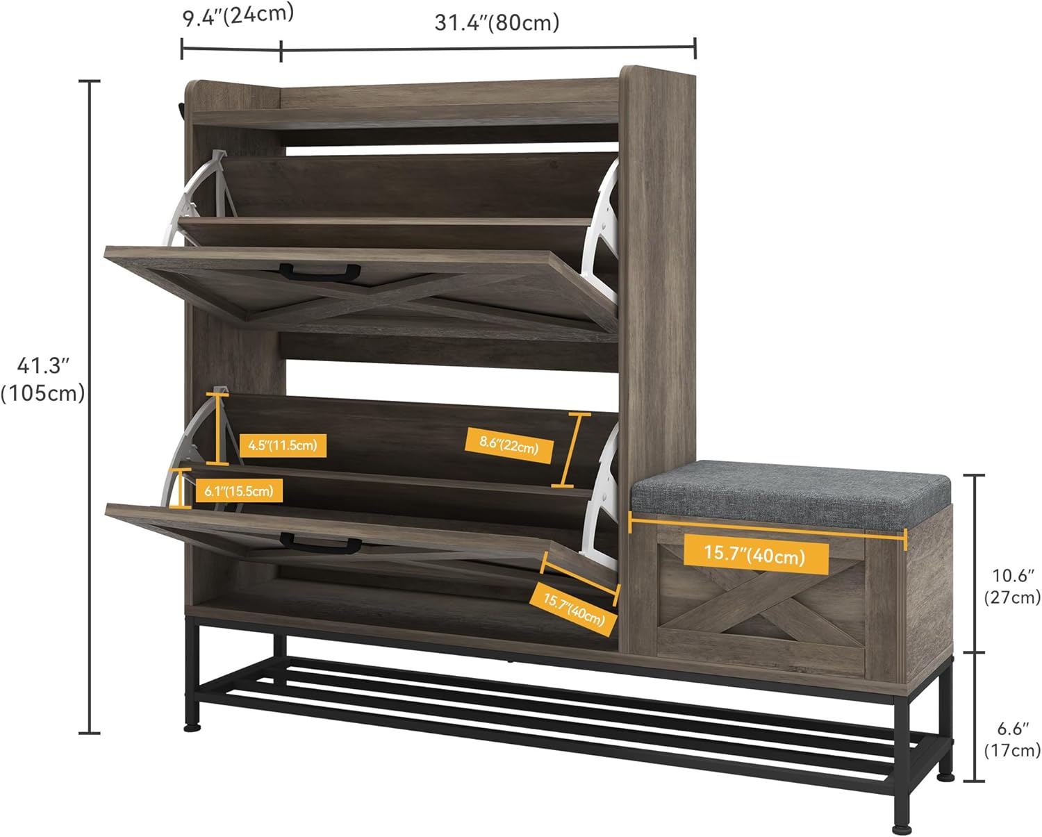 YITAHOME Farmhouse Shoe Cabinet with Bench – Slim Entryway Storage Organizer, Narrow Shoe Rack with Flip-Down Drawers for Hallway & Living Room (Washed Grey)