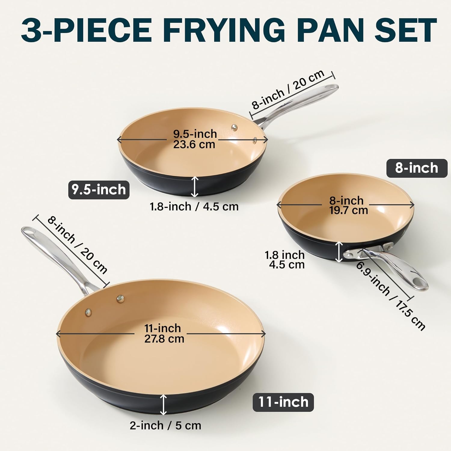 Cooks Standard Hard Anodized Nonstick Frying Pan Set, 8-inch/9.5-inch/11-inch Ceramic Non Stick Skillets, 3-Piece Induction Cookware Egg Omelette Pan, Oven Safe, Black & Apricot