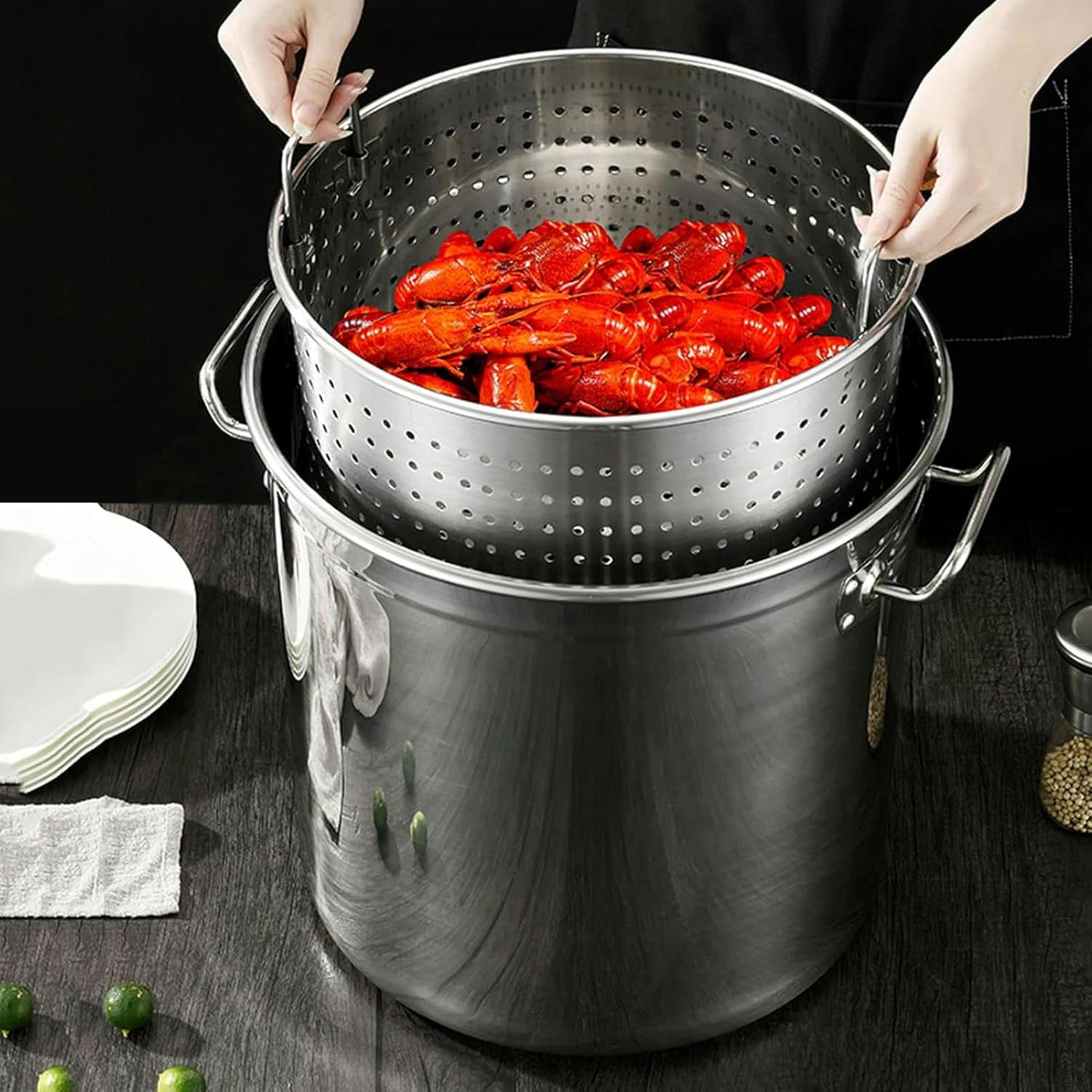 Turkey Deep Fryer Pot, Stainless Steel Crawfish Seafood Stockpot - W/Strainer Basket & Lid for Crawfish Seafood Boiling and Steaming,45cm/17.71in(45cm/17.71in)
