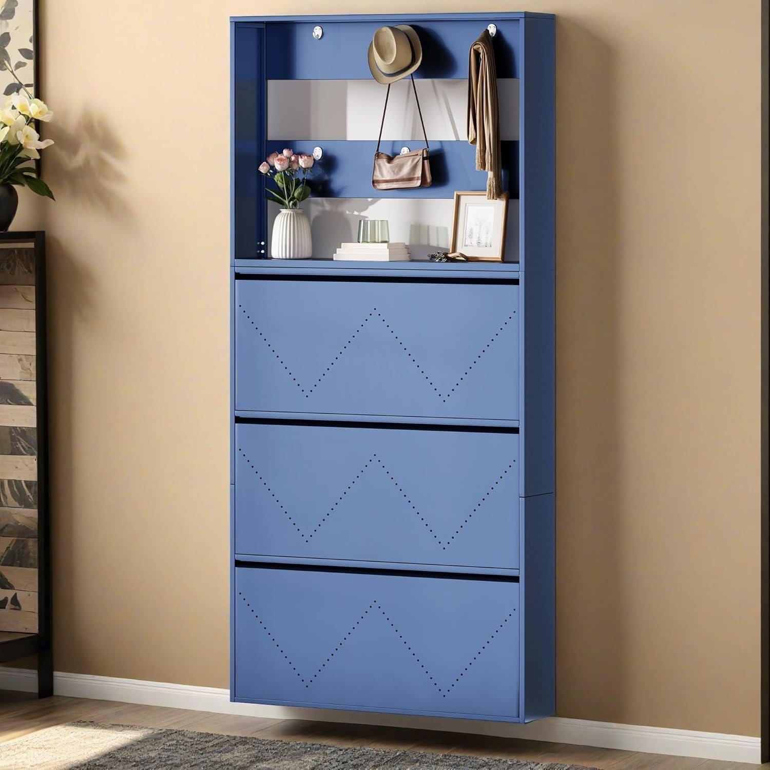 DWVO Metal Shoe Cabinet Set of 2, Wall Mounted Shoe Cabinet with 3 Flip Drawers, Entrance Hidden Slim Shoe Organizer Cabinet, Shoe Rack Storage Cabinet for Entryways, Hallways, Blue