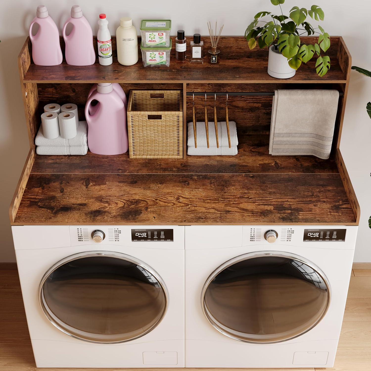 2-Tier Washer Dryer Countertop with Clothes Rail，Laundry Topper with Edge and Non-Slip Pad for Washer and Dryer Laundry Hamper Counter Storage Organization (Rustic Brown, Full)