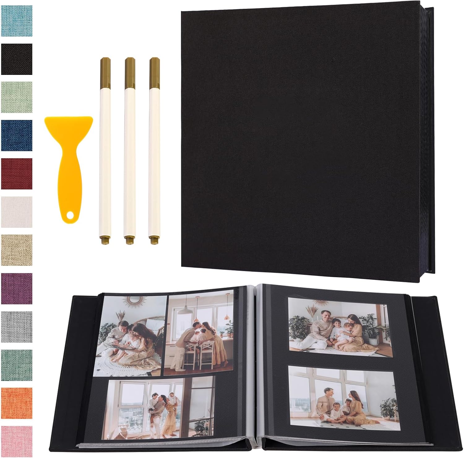 Photo Album Self Adhesive Pages Black Sticky Pages Large Scrapbook Linen Cover for 4x6 5x7 8x10 Pictures Album de Fotos Wedding Couples Baby Family Memory Book, 13.2x12.8 Black 120 Pages