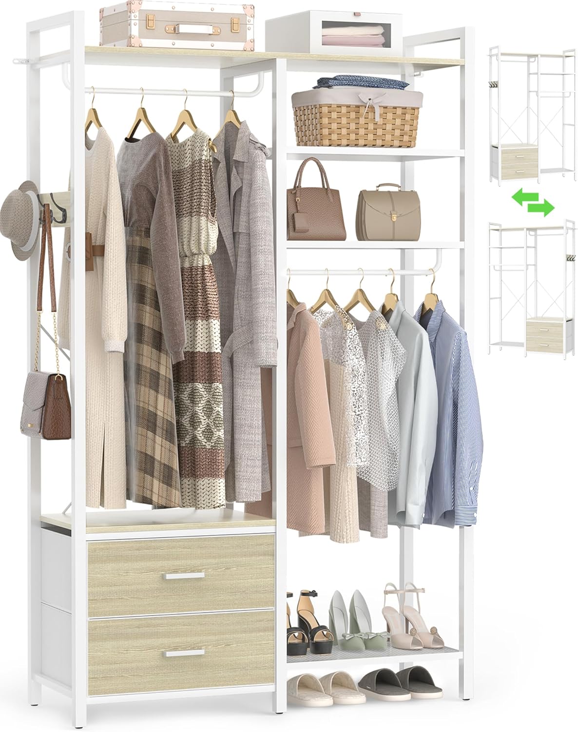 78.7'' Clothes Rack for Hanging Clothes - Reversible Clothing Rack with 2 Drawers, Heavy Duty Garment Racks with Shelves, 6 Tiers Freestanding Closet Wardrobe System with Hanging Hooks, White Oak