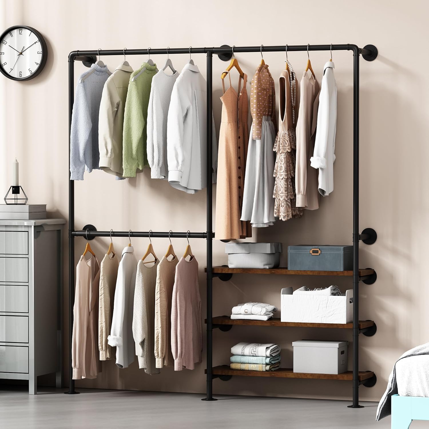 Industrial Pipe Clothes Rack, Wall Mounted Clothing Rack with Shelves, Heavy Duty Closet Organizers Wardrobe Multi-Purpose Storage Clothes Hanging Shelf-70.8''L Black