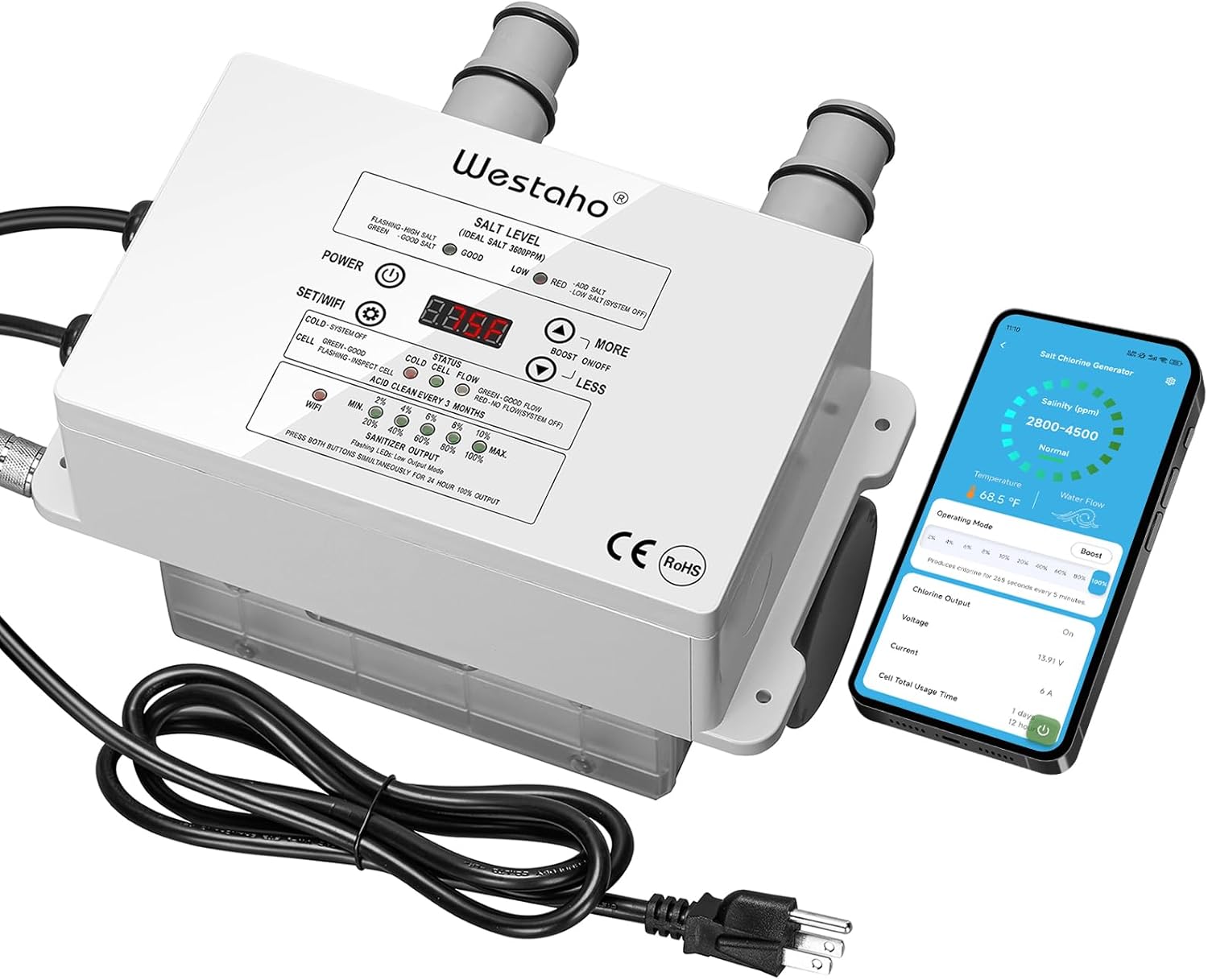 WiFi Salt Chlorine Generator, Westaho Salt Water Pool Chlorinator System with APP Remote Control, USA Titanium Salt Cell, Compatible with Intex Pool, for Above Ground Pools Up to 15,000 Gallons