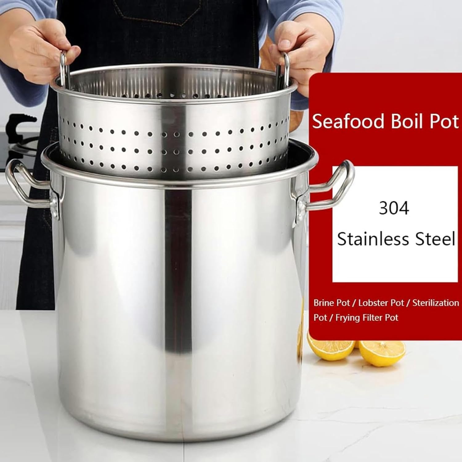 Stainless Steel Stock Pot with Strainer Basket, Commercial Boil Pot Crawfish Boiler Pot Turkey Fryer Pot for Backyard Parties and Tailgating,20L(70L)