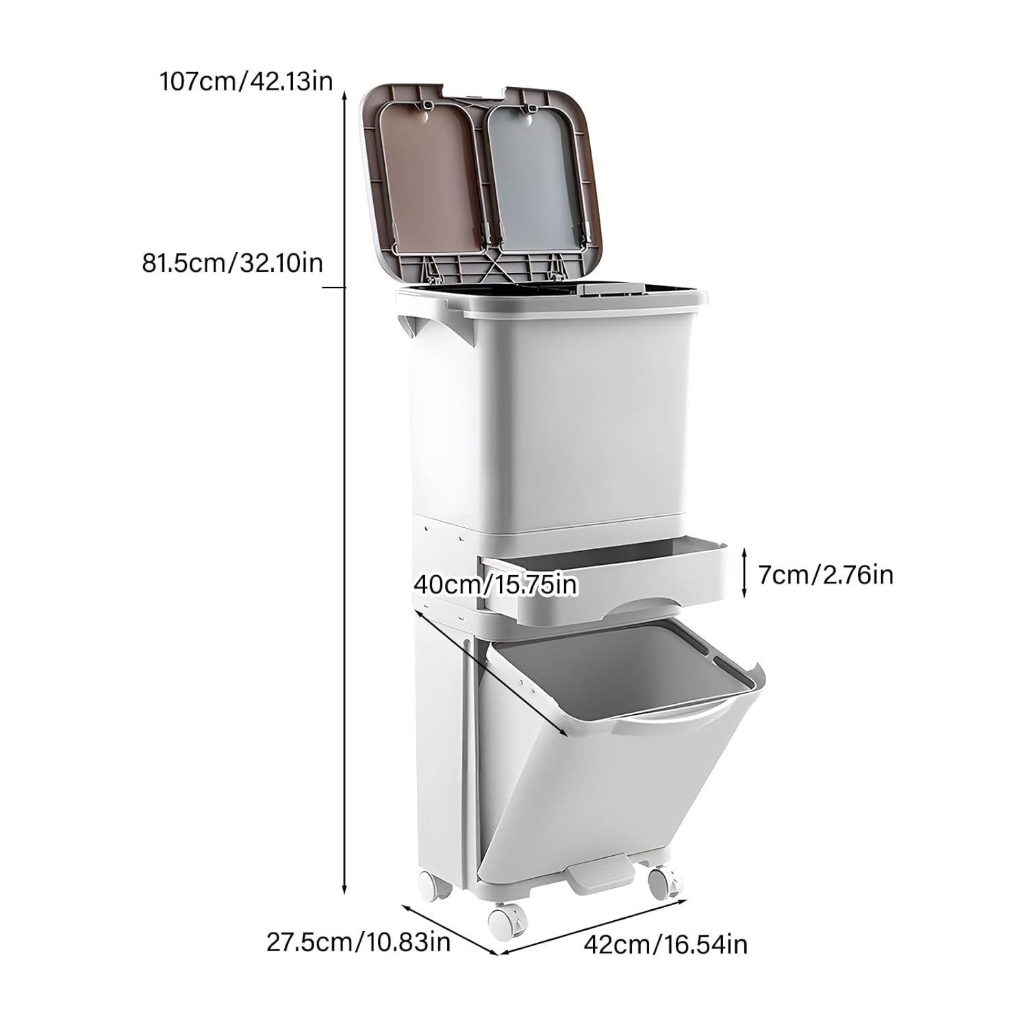 42L Kitchen Trash Can with Lid, Three-Layer Dual Trash and Recycling Bins with Wheels, Vertical Dry and Wet Separation Waste Sorting Bins with 3 Removable Inner Buckets