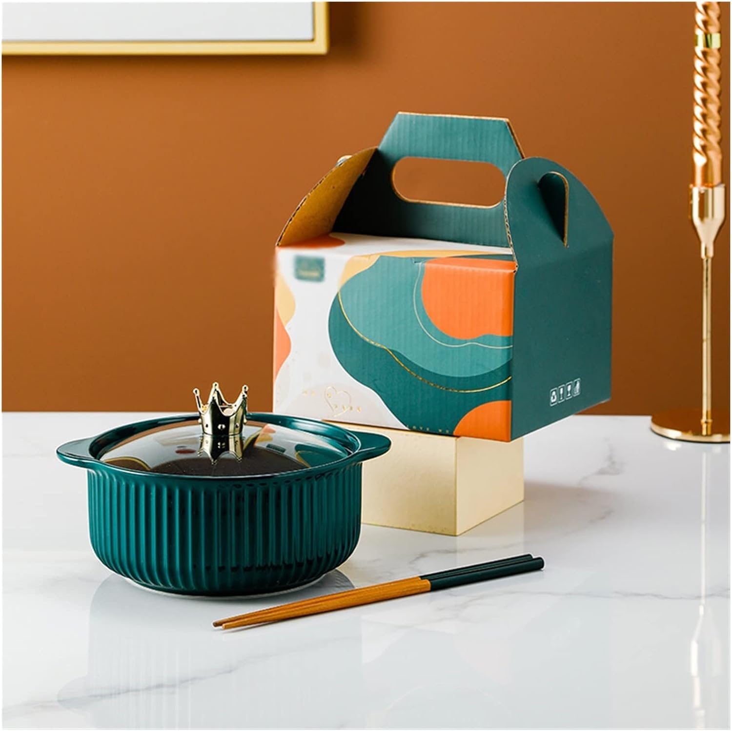 Ceramic Ear Bowl Set with Chopsticks and Glass Cover Lunch Dishes Soup Ramen Dessert Tableware