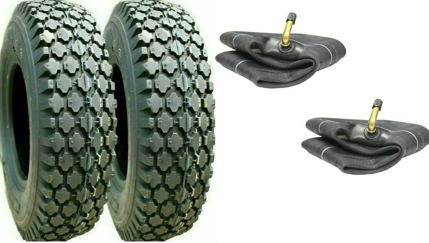 Two New 4.10/3.50-6 Stud Tires with Tr87 Bent Stem Tubes Cart Dolly 410/350-6, Enhanced Traction and Durability, Complete Tire Solution for Cart and Dolly Enthusiasts