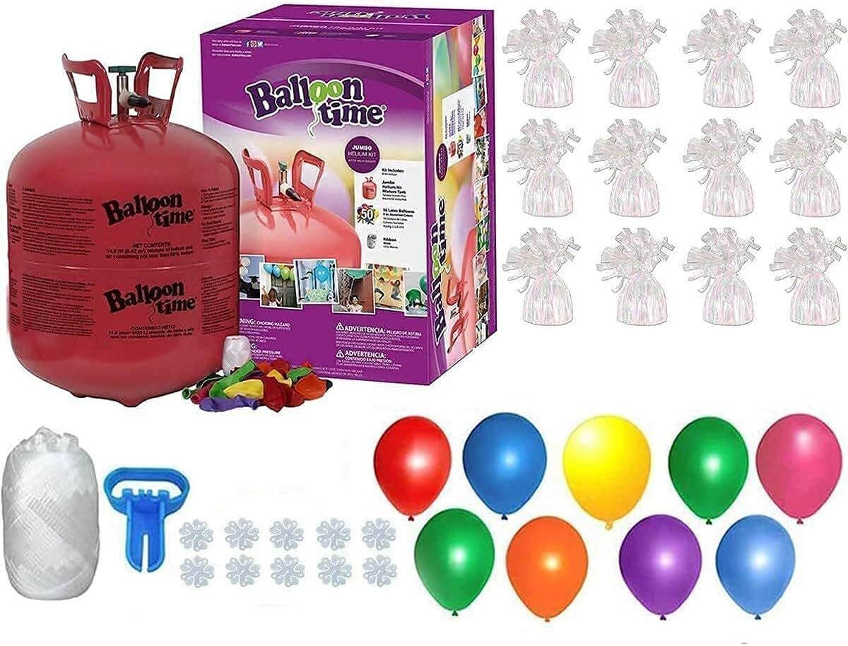 Helium Tank with 50 Balloons and White Ribbon + 12 White Balloon Weights + Plus Balloon Tying Tool