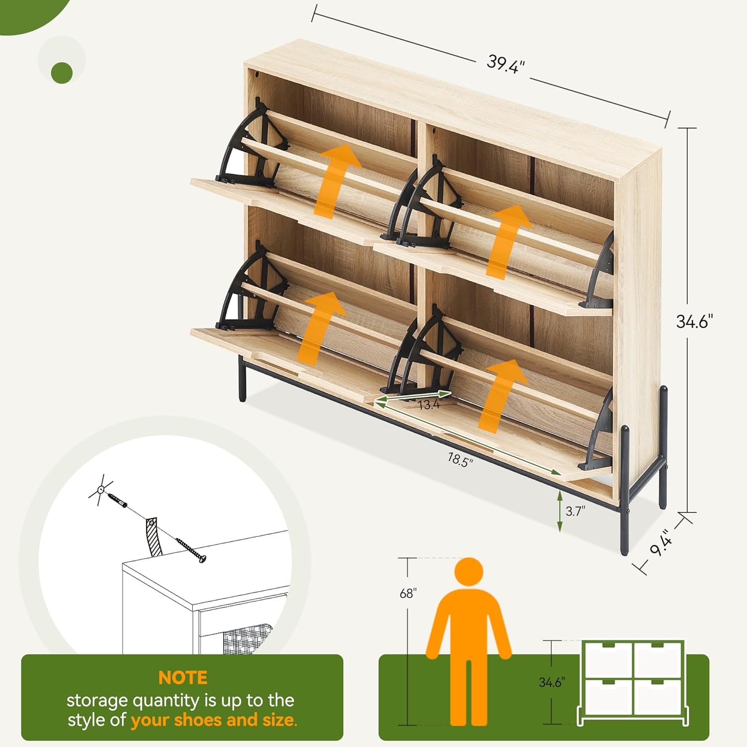 Oak Entryway Shoe Storage Cabinet with 4 Drop-Front Drawers，Freestanding Organizer with Steel Legs & Adjustable Shelves，Narrow Space-Saving Design for Apartments, Hallways, Mudrooms