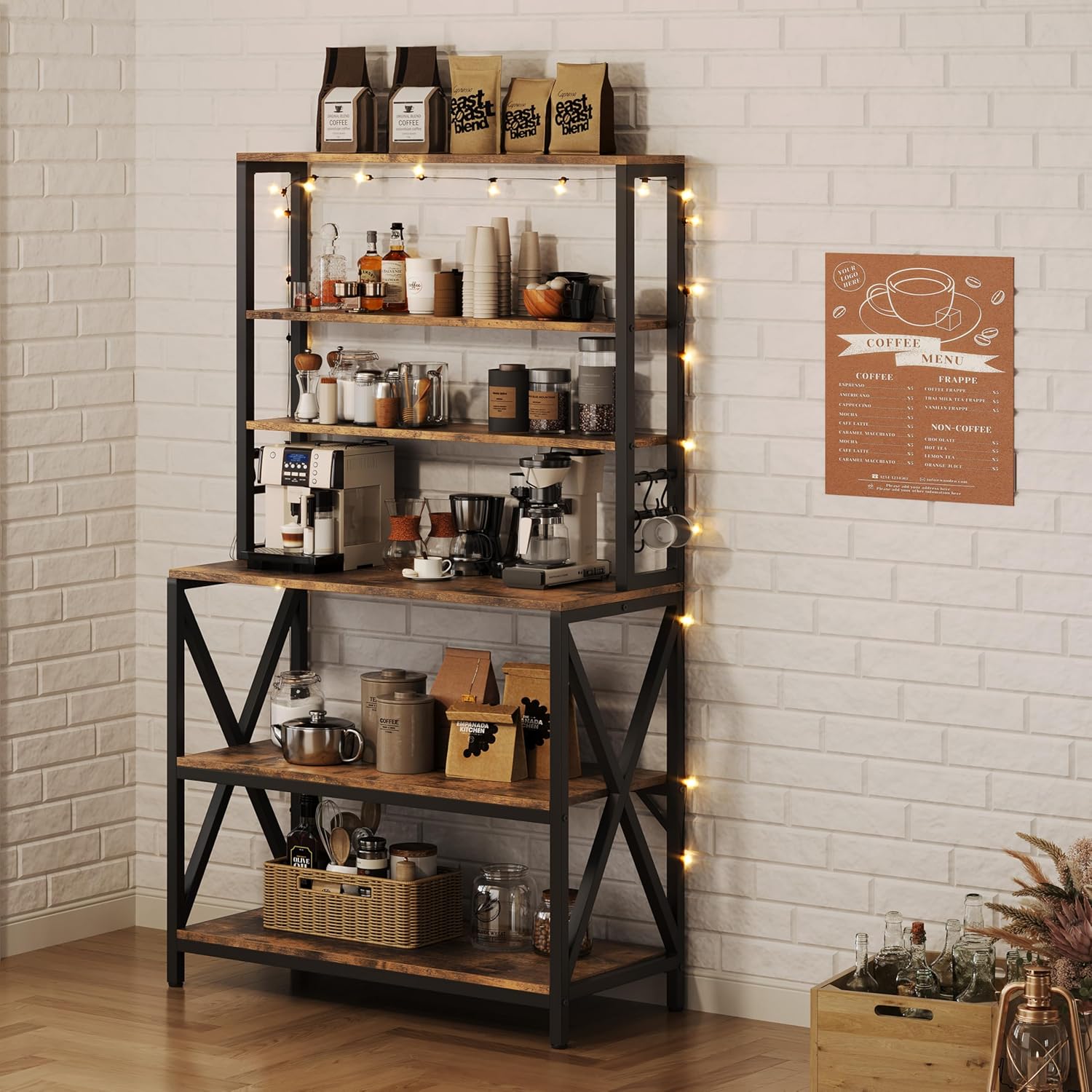 Yaheetech 6-Tier Kitchen Bakers Rack, 31.5 Inch Coffee Bar Table, Farmhouse Microwave Oven Stand Cabinet for Small Spaces, Corner Organizer Storage Shelf for Spices and Pots Rustic Brown