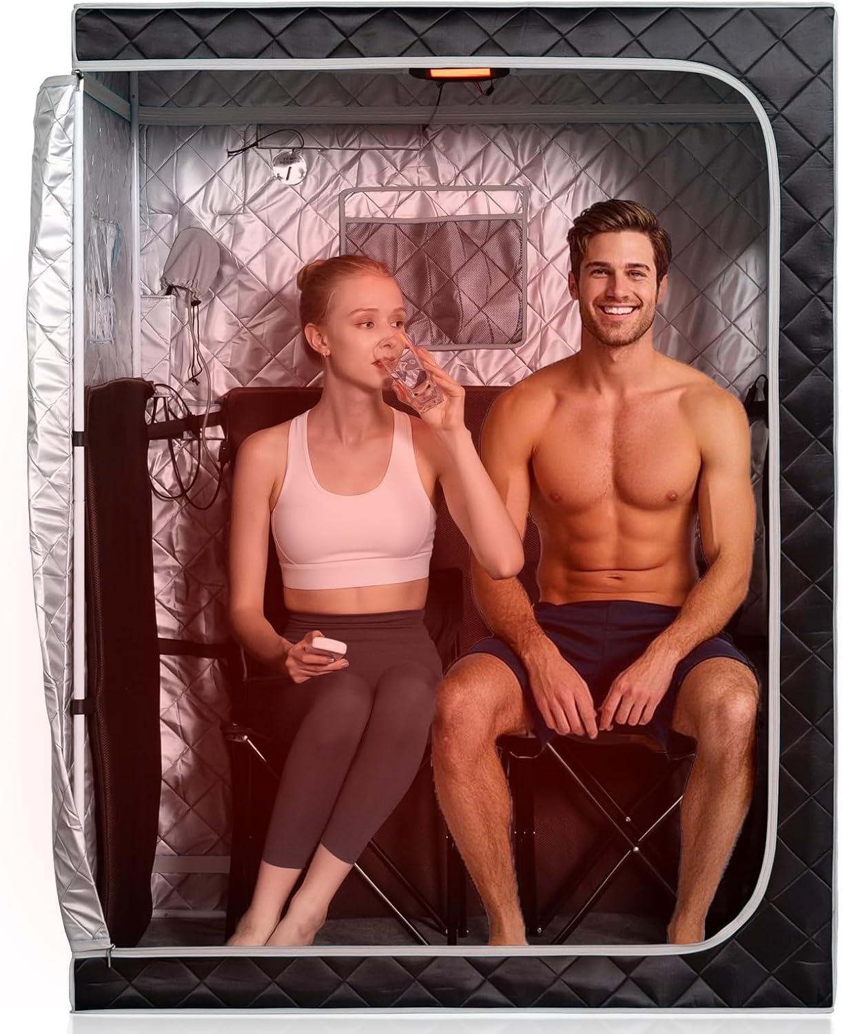 Smartmak Portable Far Infrared Sauna, Home Two Person Sauna Box with 660nm Red Light Therapy Lamp, X-Large Full Size Indoor SPA Tent for Body Recovery, Remote Control, 2 Folding Chairs, Greyborder
