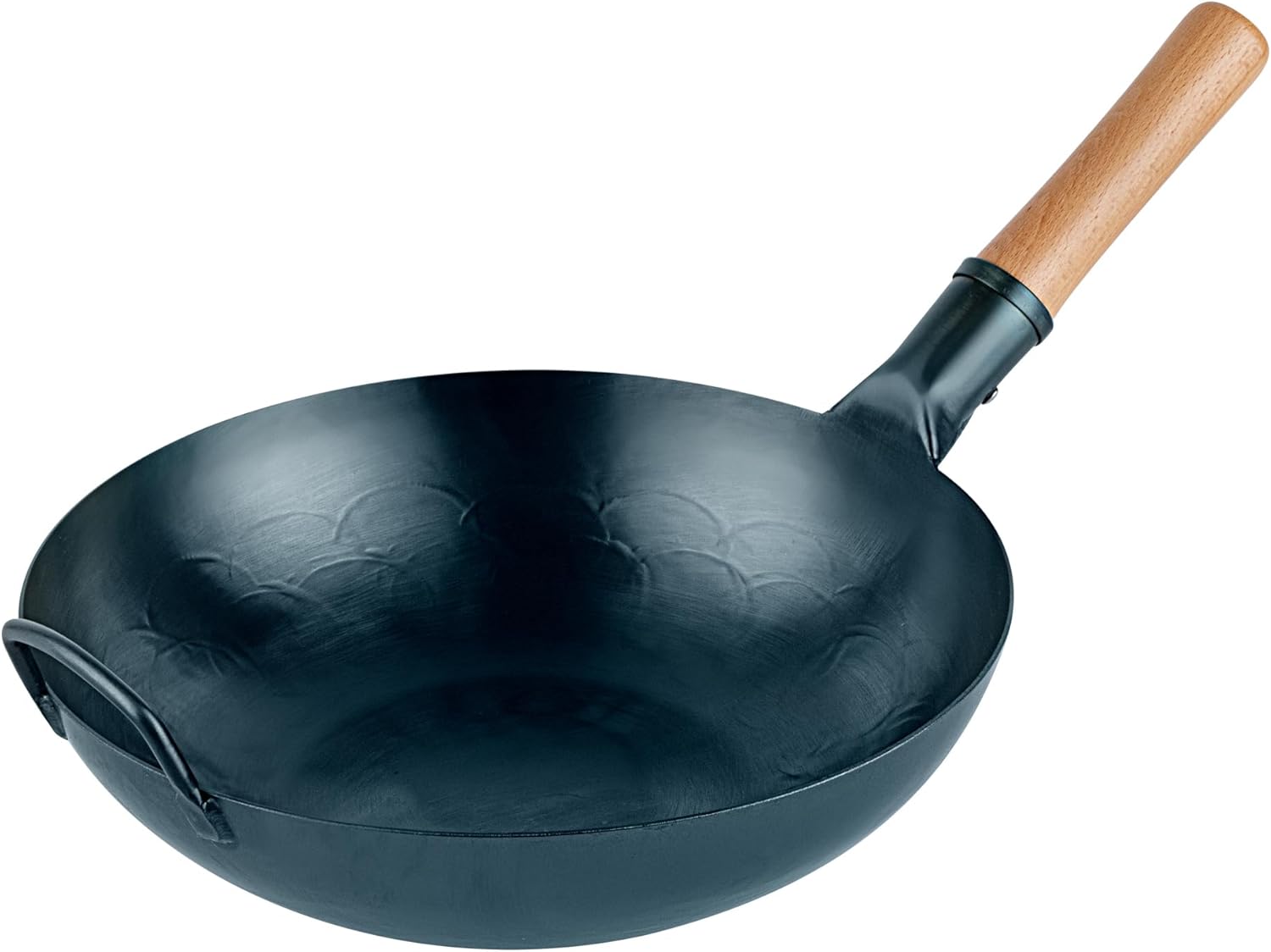 Restaurantware-Motomori 14 Inch Blue Carbon Steel Wok Pan, 1 Traditional Japanese Wok - Flat Bottom, Hand-Hammered, Carbon Steel Traditional Stir Fry Pan, With Wooden Handle