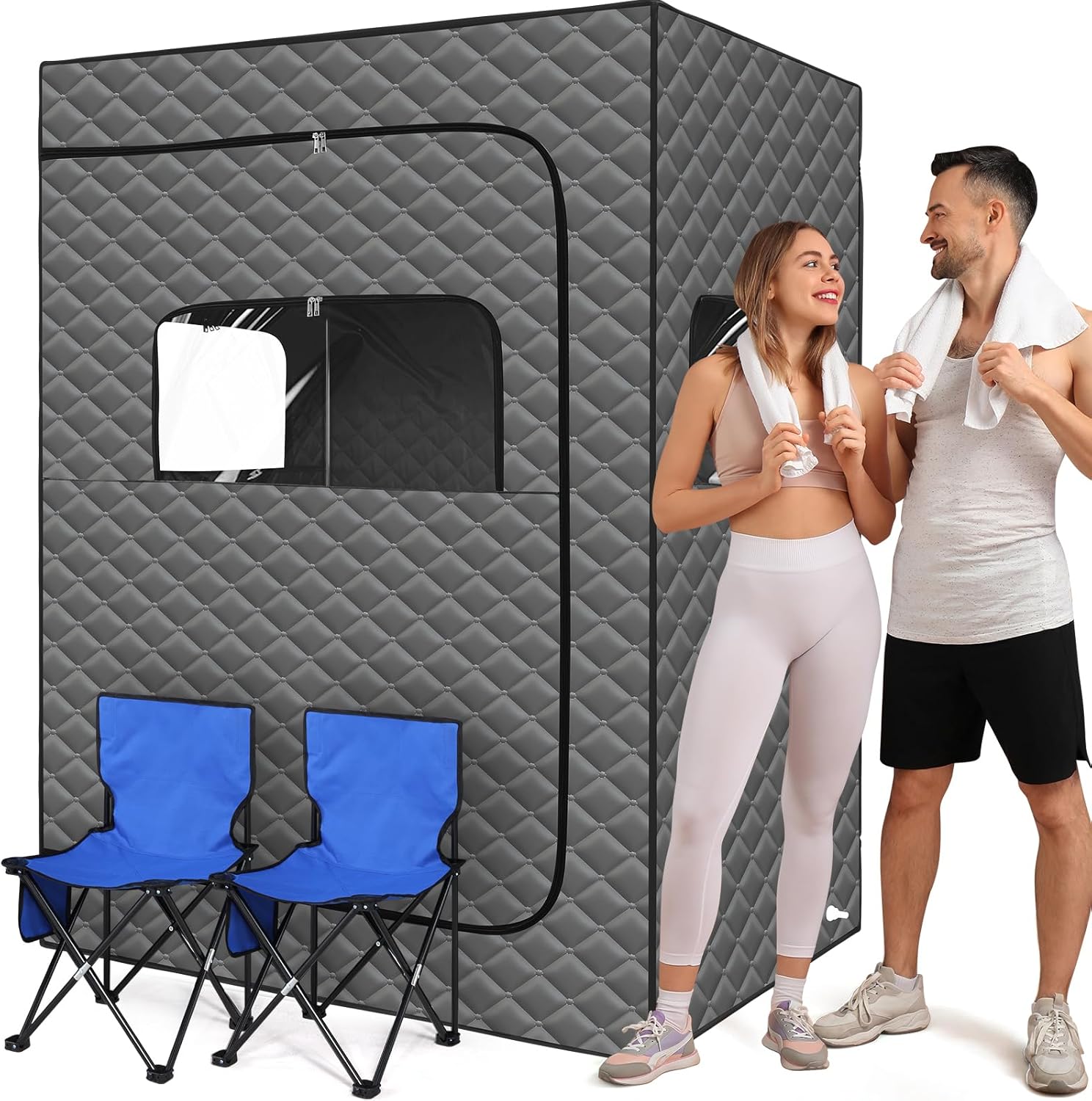 2 Person Sauna for Home, 1 or 2 Person Portable Steam Sauna with 2 1000W Sauna Steamers, 2 Floding Chairs, 9 Levels Adjustable, 99 Minutes Timer, Steamer Included (Grey)