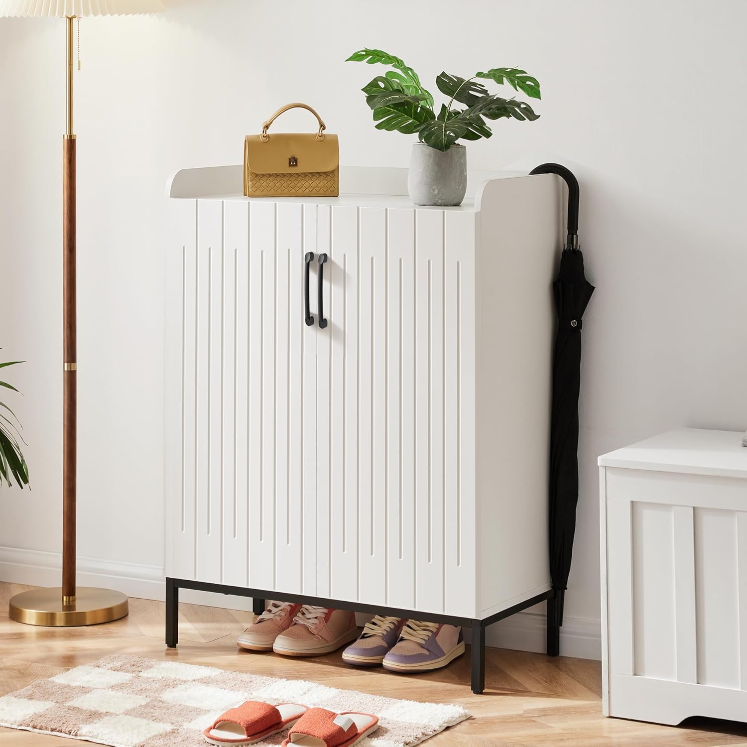 Modern Shoe Cabinet with Metal Legs, Farmhouse Large 5-Tier Shoe Storage Cabinet with Doors, Wooden Shoe Organizer for Entryway, Hallway, Closet, Bedroom, Living Room, White