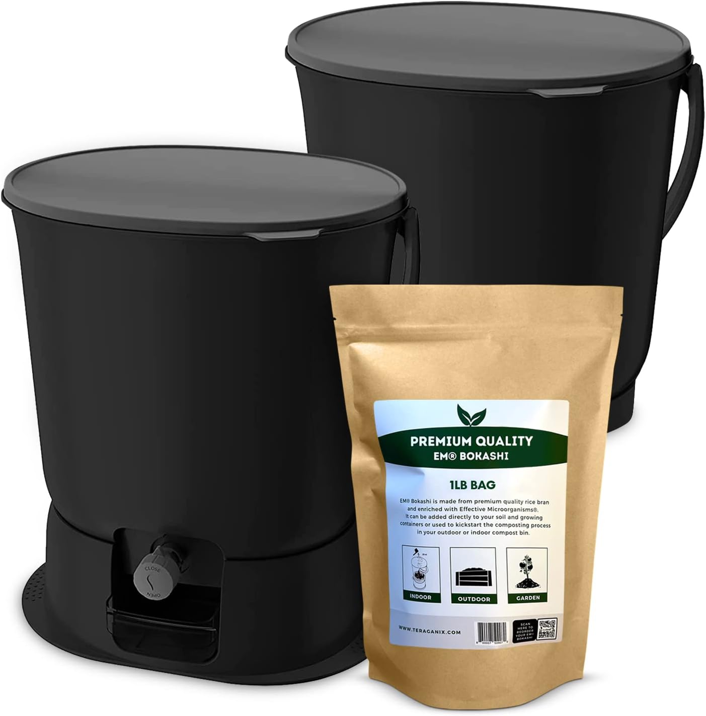 TeraGanix Bokashi Compost Starter Kit, Essential Set + Base, Indoor Composting, 2X 15.3L (4 gal) Bins, Collect & Ferment Waste, Airtight, No Pests or Odors, Bokashi Rice Bran Included, (Black)